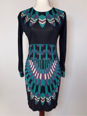 Tory Burch Resort 2008 Art Deco Print Long-Sleeve 100% Silk Knit Dress Size XS
